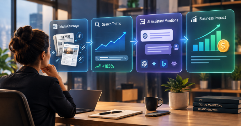 Marketer reviewing a dashboard that measures digital PR from media coverage to business impact by growthedge